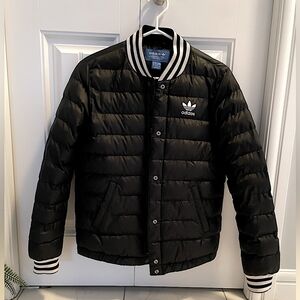 Adidas Black Puffer Jacket with White Stripes